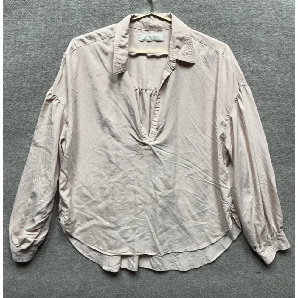 Free People Shirt Women Med Mauve High Low Oversized V Neck Balloon Sleeve EUC